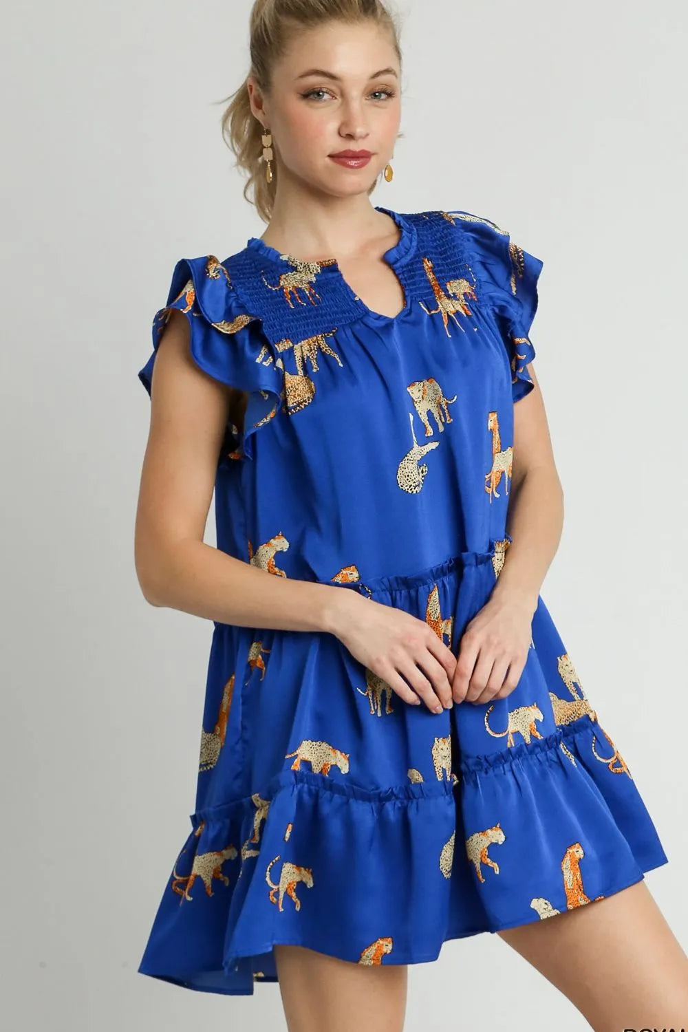 Umgee Full Size Cheetah Print Notched Ruffle Layered Cap Sleeve Mini Dress Plus Size Royal Blue