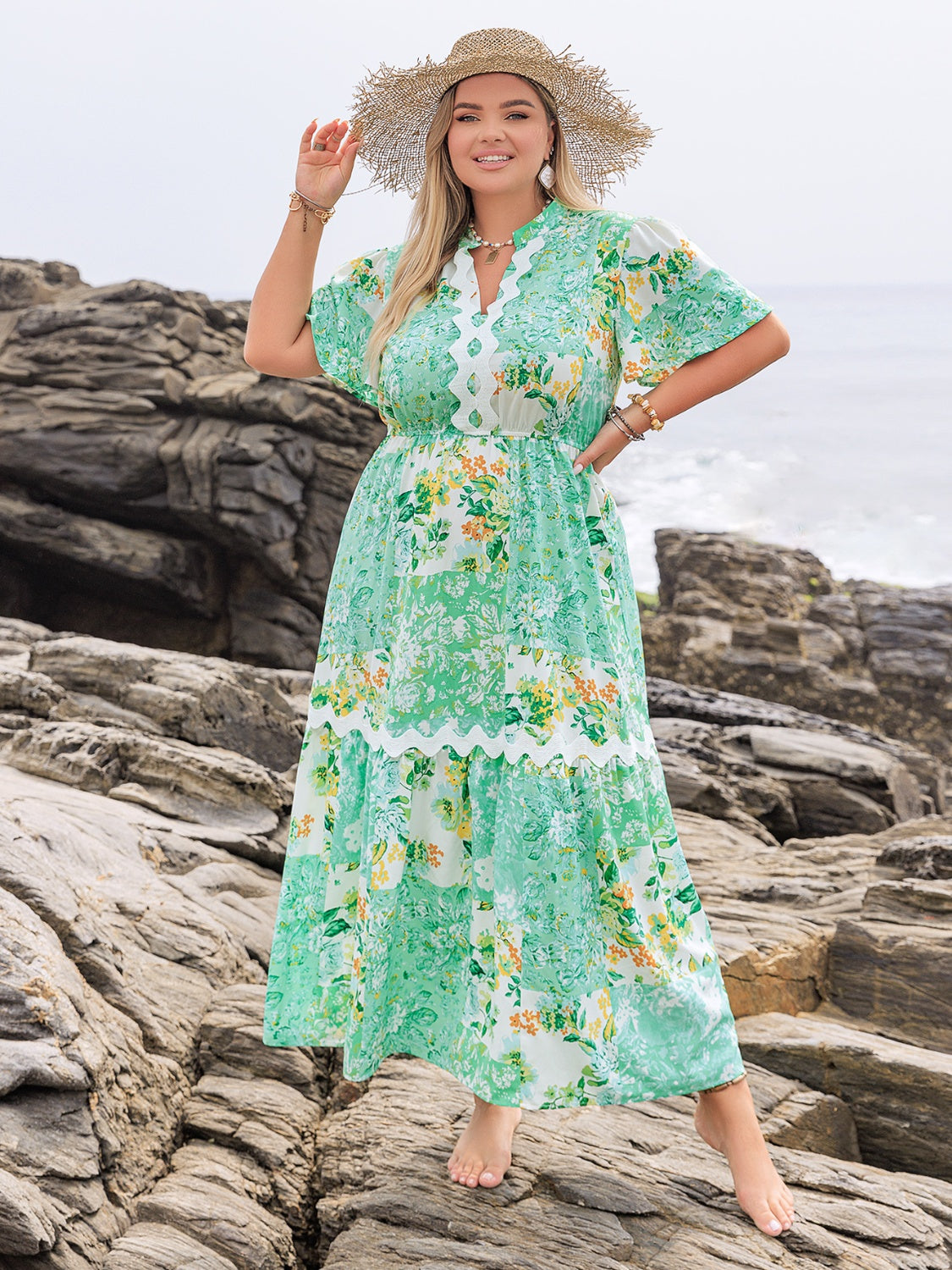 Plus Size Printed Notched Short Sleeve Maxi Dress Gum Leaf