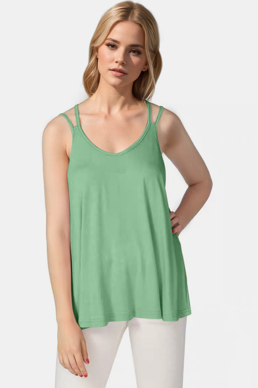Basic Bae Bamboo Scoop Neck Double Spaghetti Straps Cami Green