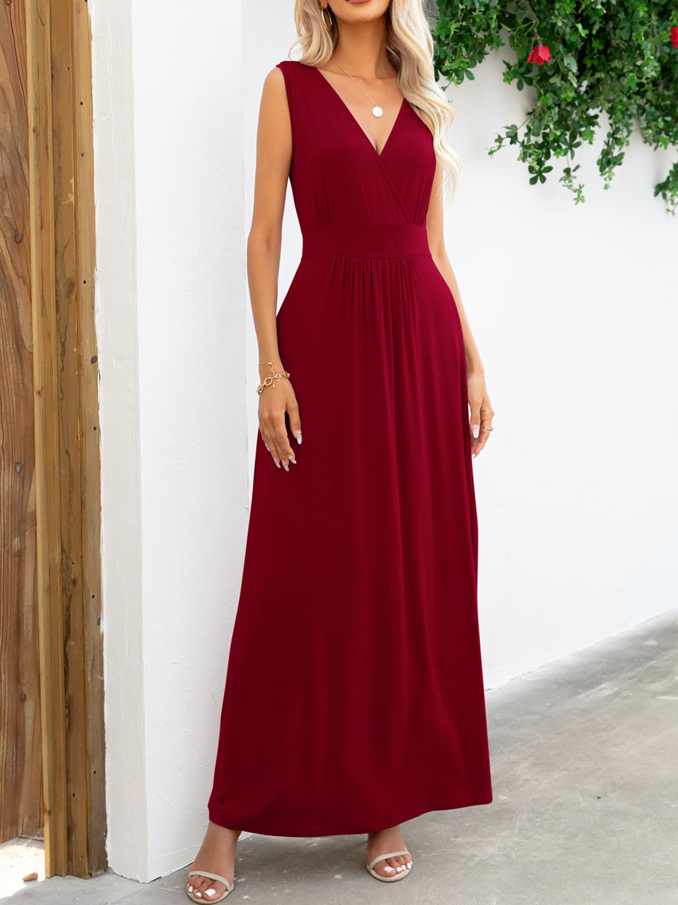 Surplice Neck Sleeveless Maxi Dress Wine