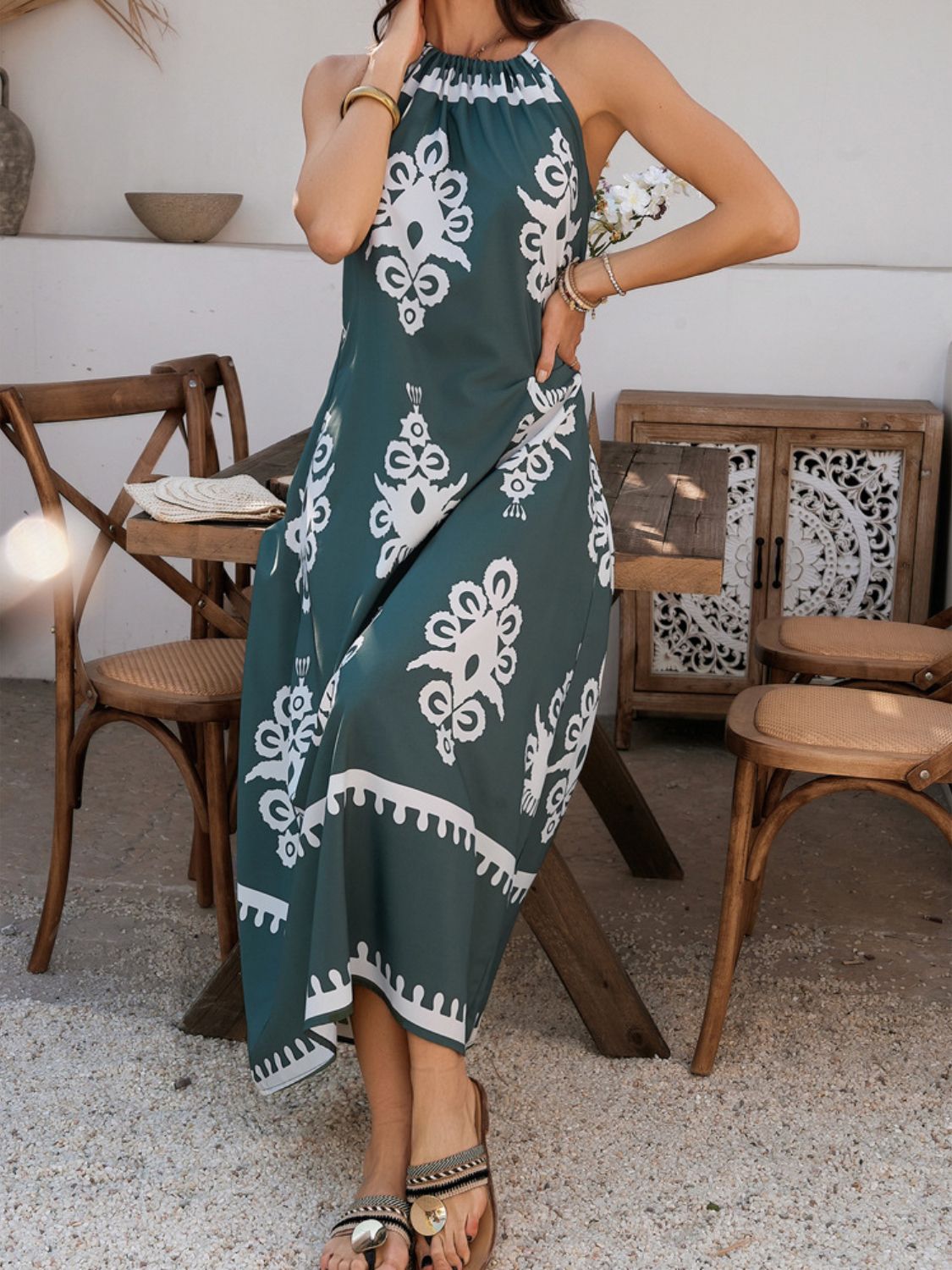 Devine Grecian Neck Printed Maxi Dress French Blue