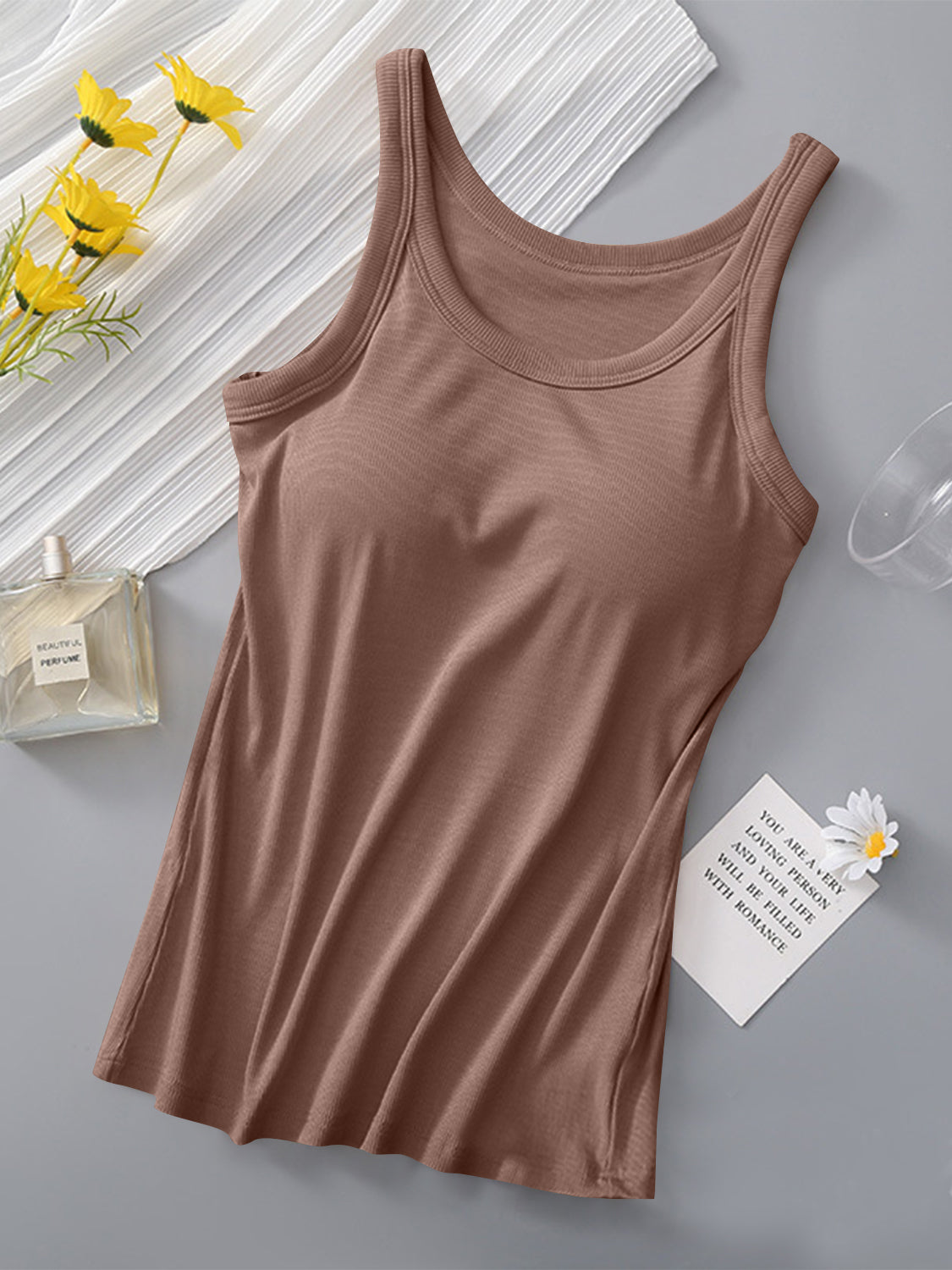 Round Neck Tank with Bra Khaki