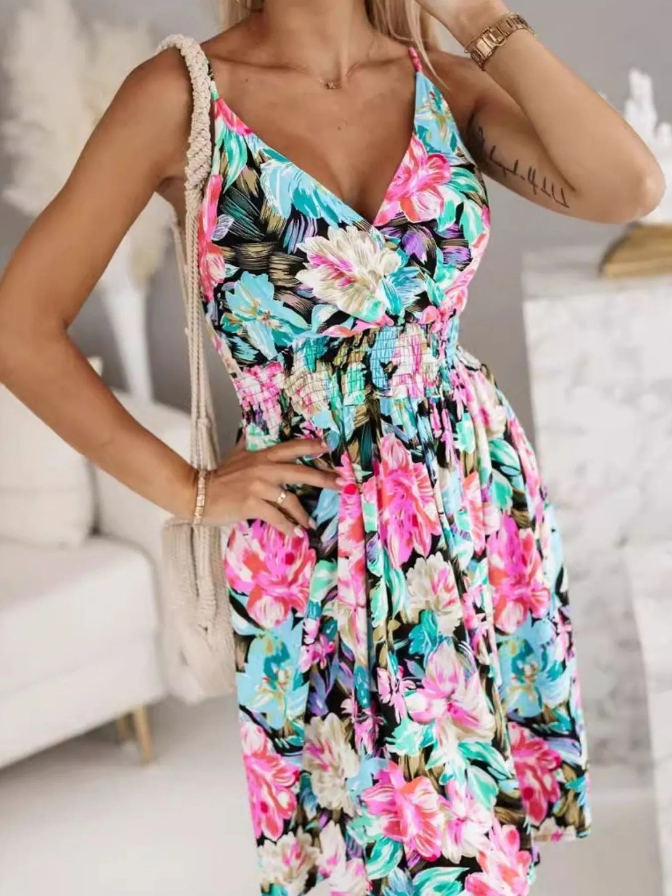 Tropical Print Spaghetti Strap Mini Dress