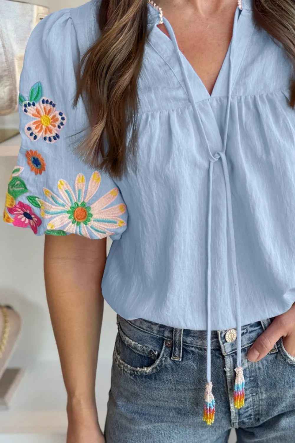 Embroidered Tie Neck Short Sleeve Blouse