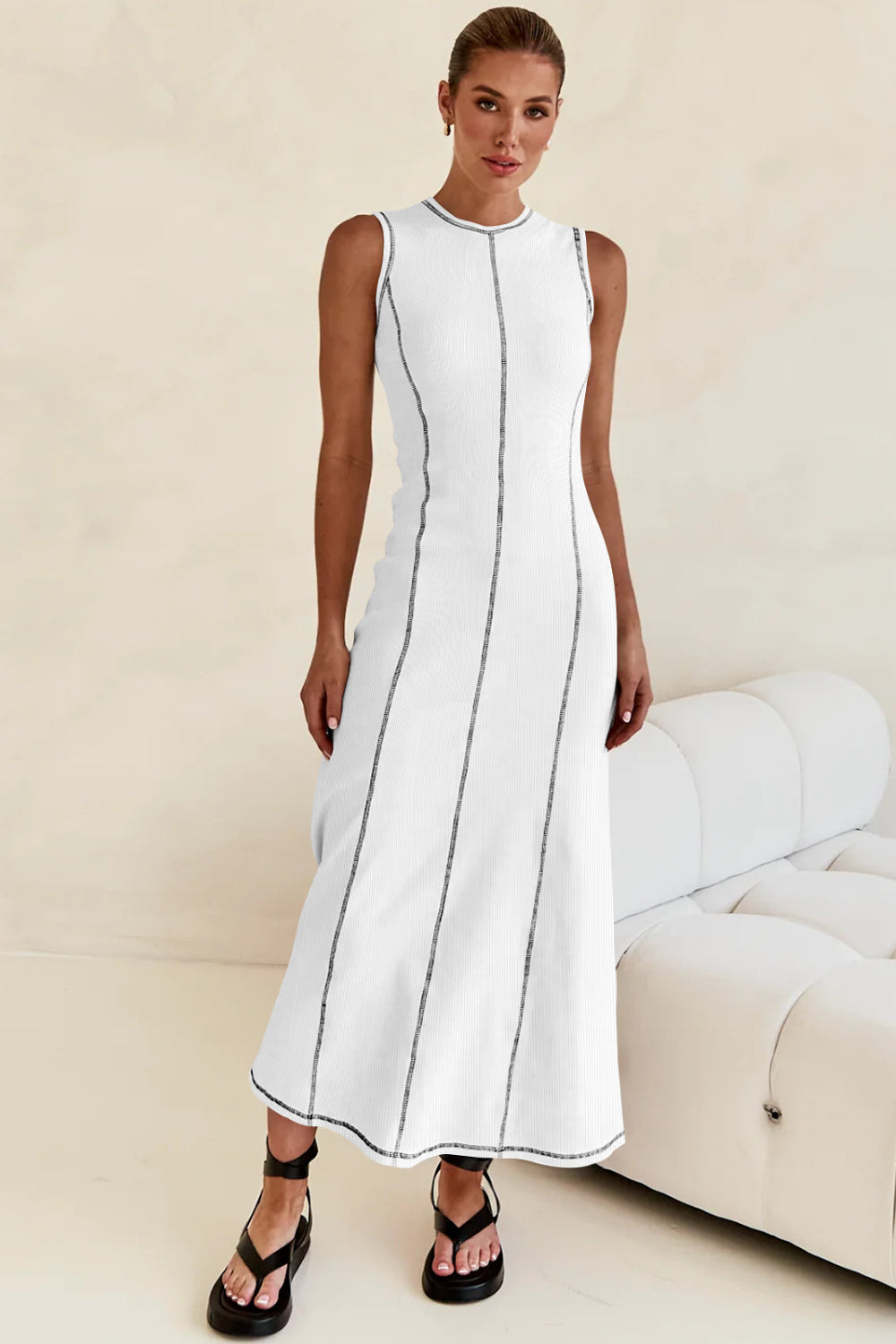 Contrast Stitching Maxi Tank Dress White