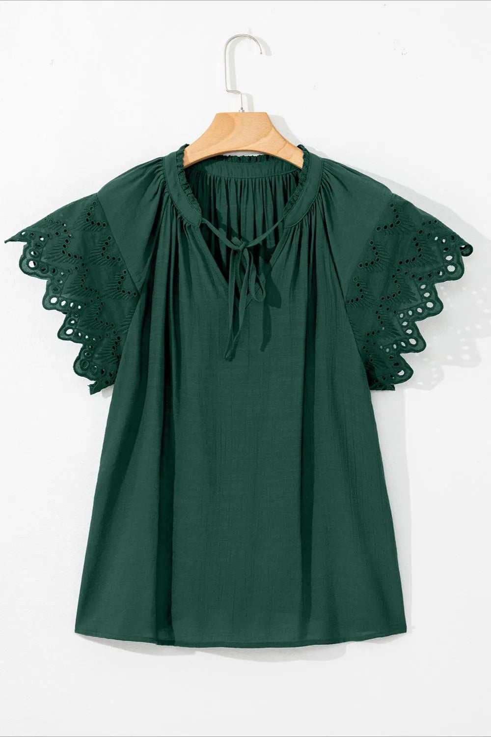 Eyelet Embroidered Sleeve Tie Neck Blouse