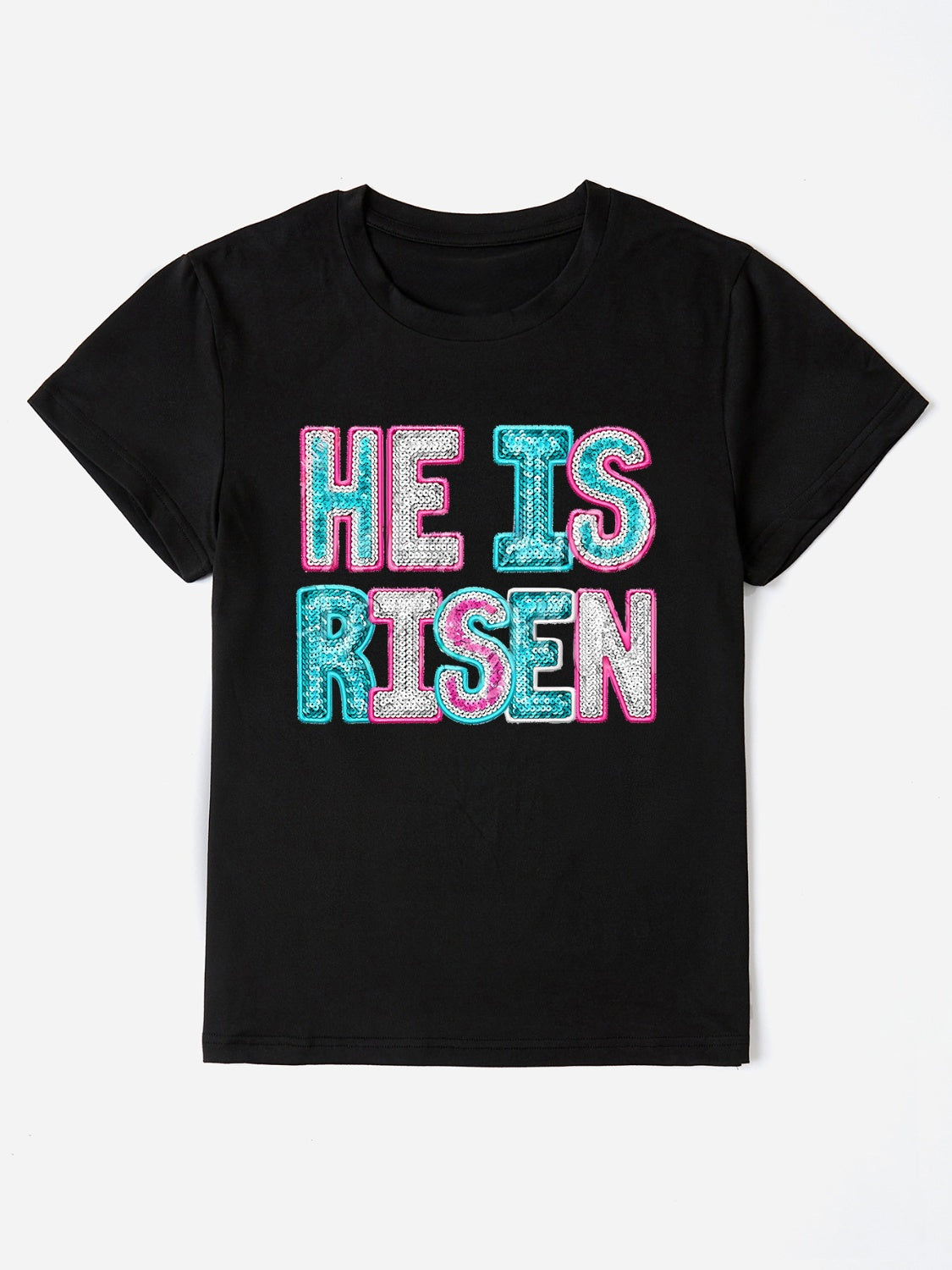 HE IS RISEN Sequin Round Neck T-Shirt Black