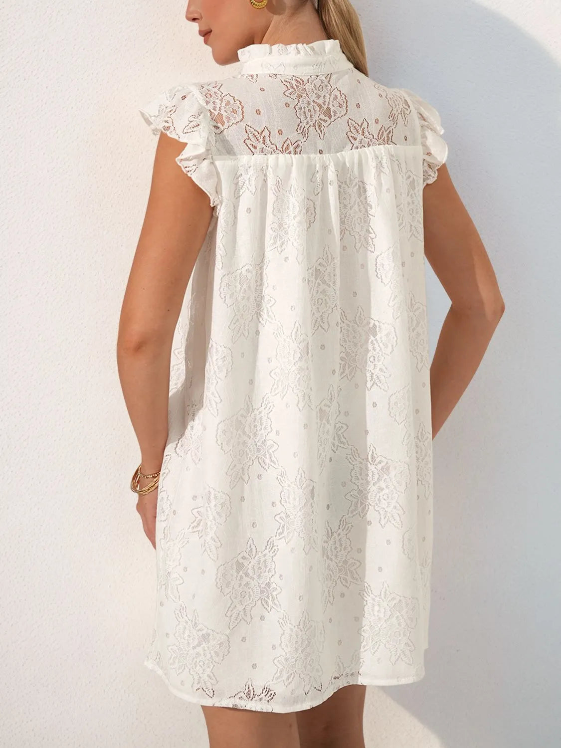 Lace Notched Cap Sleeve Mini Dress