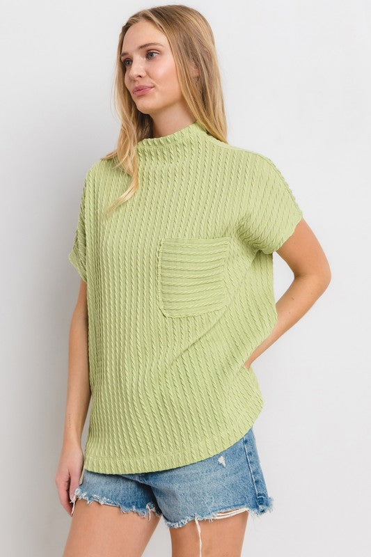 Ces Femme Texture Mock Neck Short Sleeve Knit Top