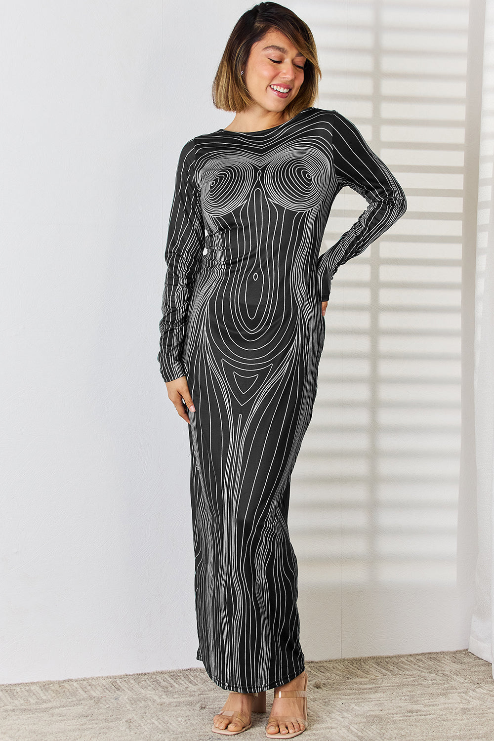 Cutout Round Neck Long Sleeve Maxi Dress Dark Gray
