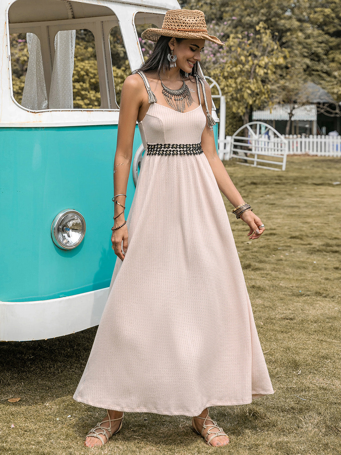Waffle-Knit Tied Spaghetti Strap Dress Dust Storm
