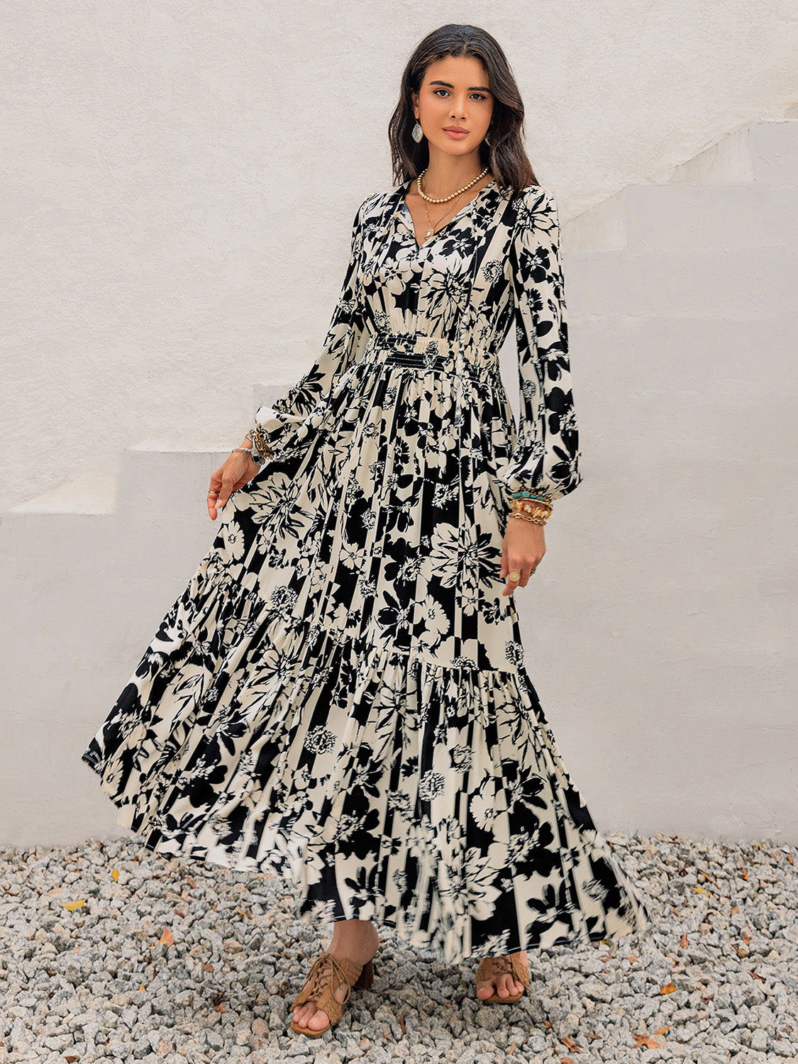 Smocked Printed Tie Neck Long Sleeve Dress Black White