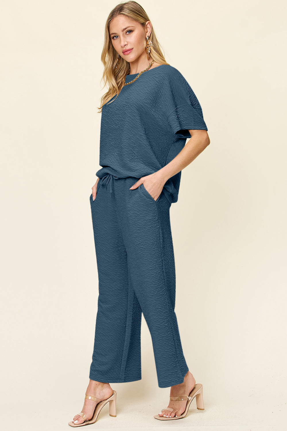 Double Take Full Size Texture Short Sleeve Top and Pants Set Deep Teal
