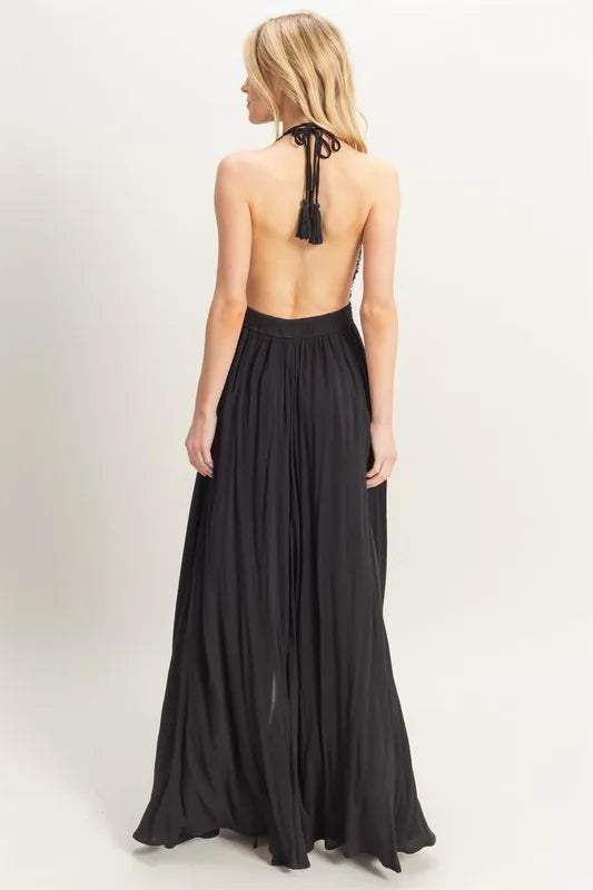 HYFVE Halter Neck Fitted Waist Flowy Maxi Dress
