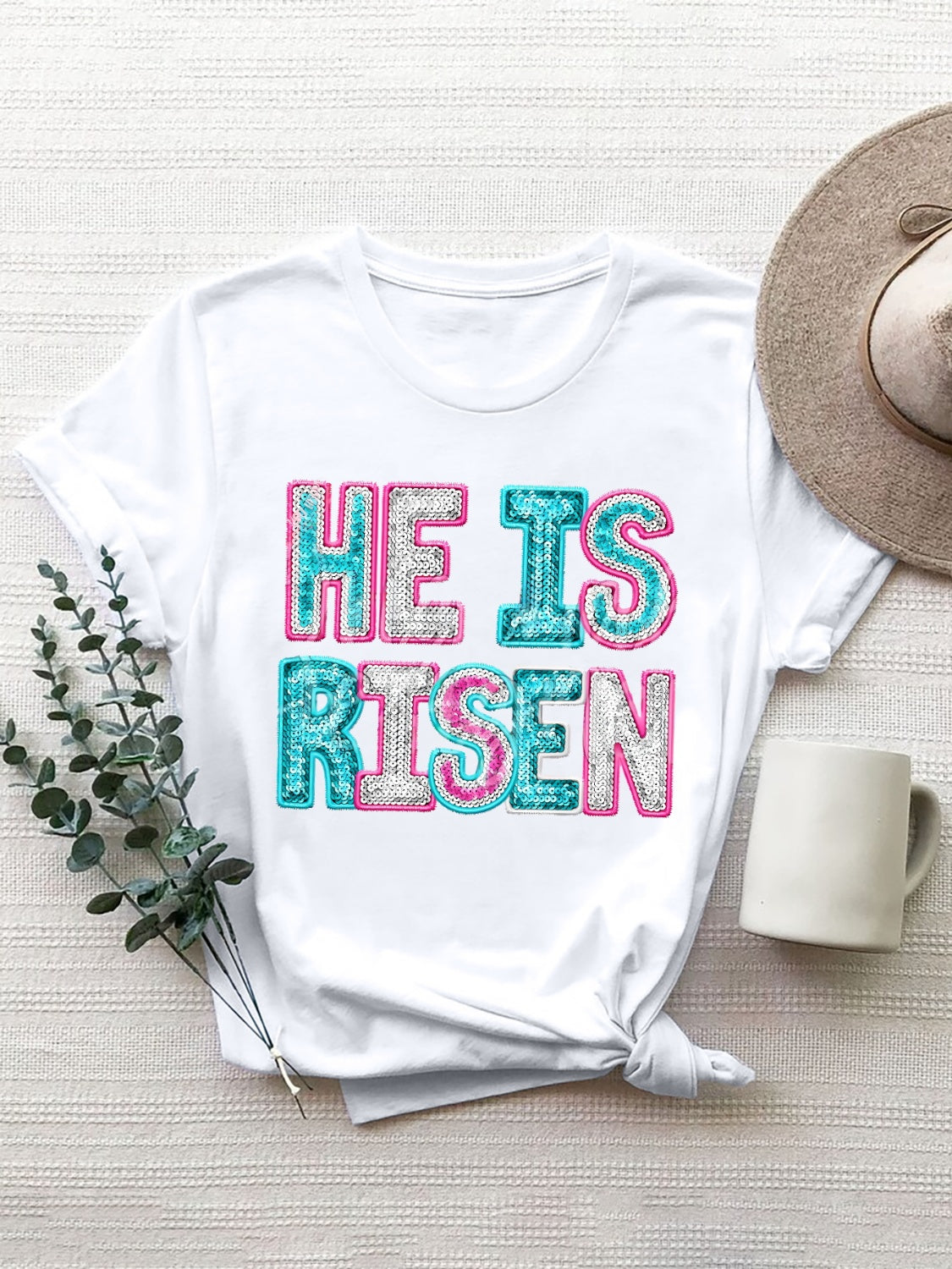 HE IS RISEN Sequin Round Neck T-Shirt White