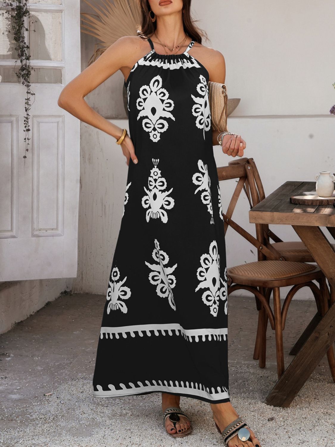 Devine Grecian Neck Printed Maxi Dress