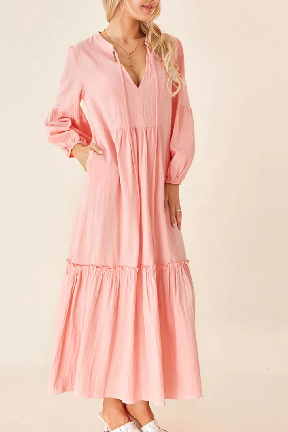 Frill Tiered Tie Neck Long Sleeve Dress Watermelon pink