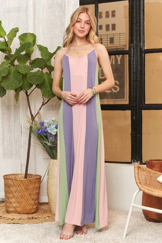 ADORA Color Block Sleeveless Maxi Cami Dress