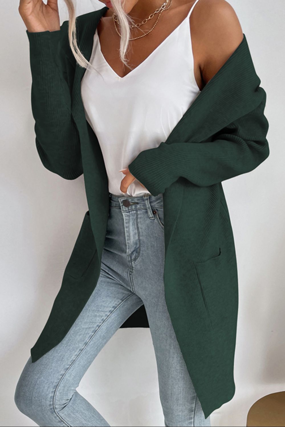 Perfee Ribbed Open Front Hooded Cardigan with Pockets Black Forest