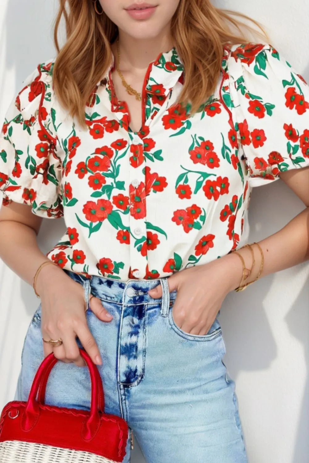 Printed V-Neck Short Sleeve Shirt Red