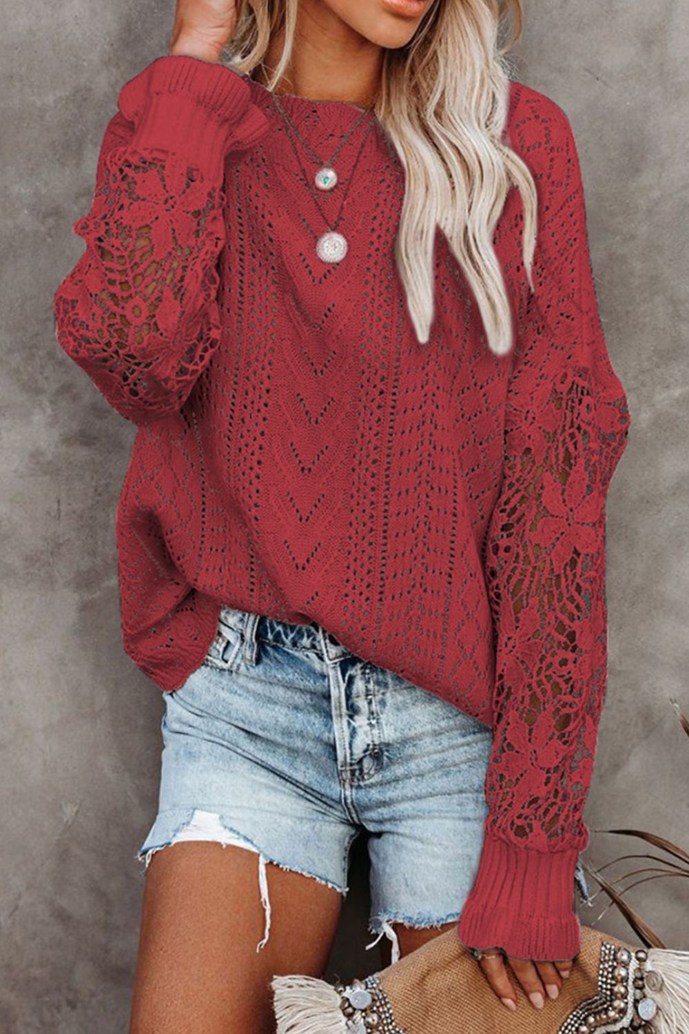 Openwork Round Neck Long Sleeve Sweater Rust