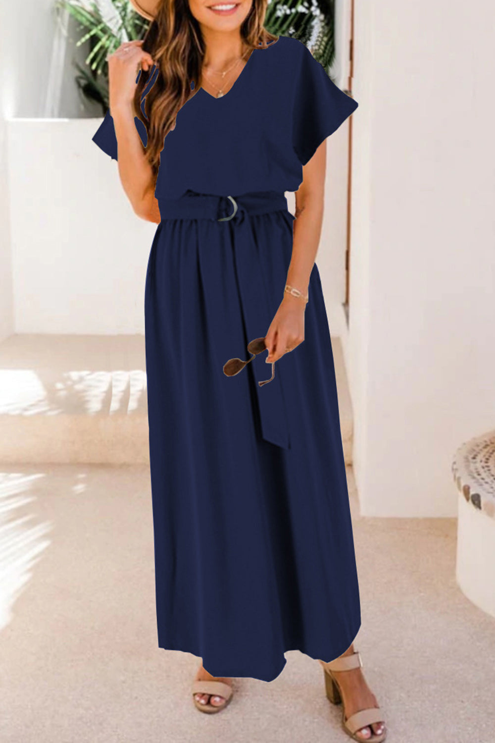 Ruched V-Neck Cap Sleeve Dress Dark Blue