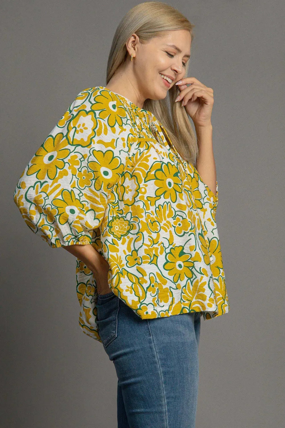 Umgee Plus Size Smocked Floral Print Tie Neck Blouse