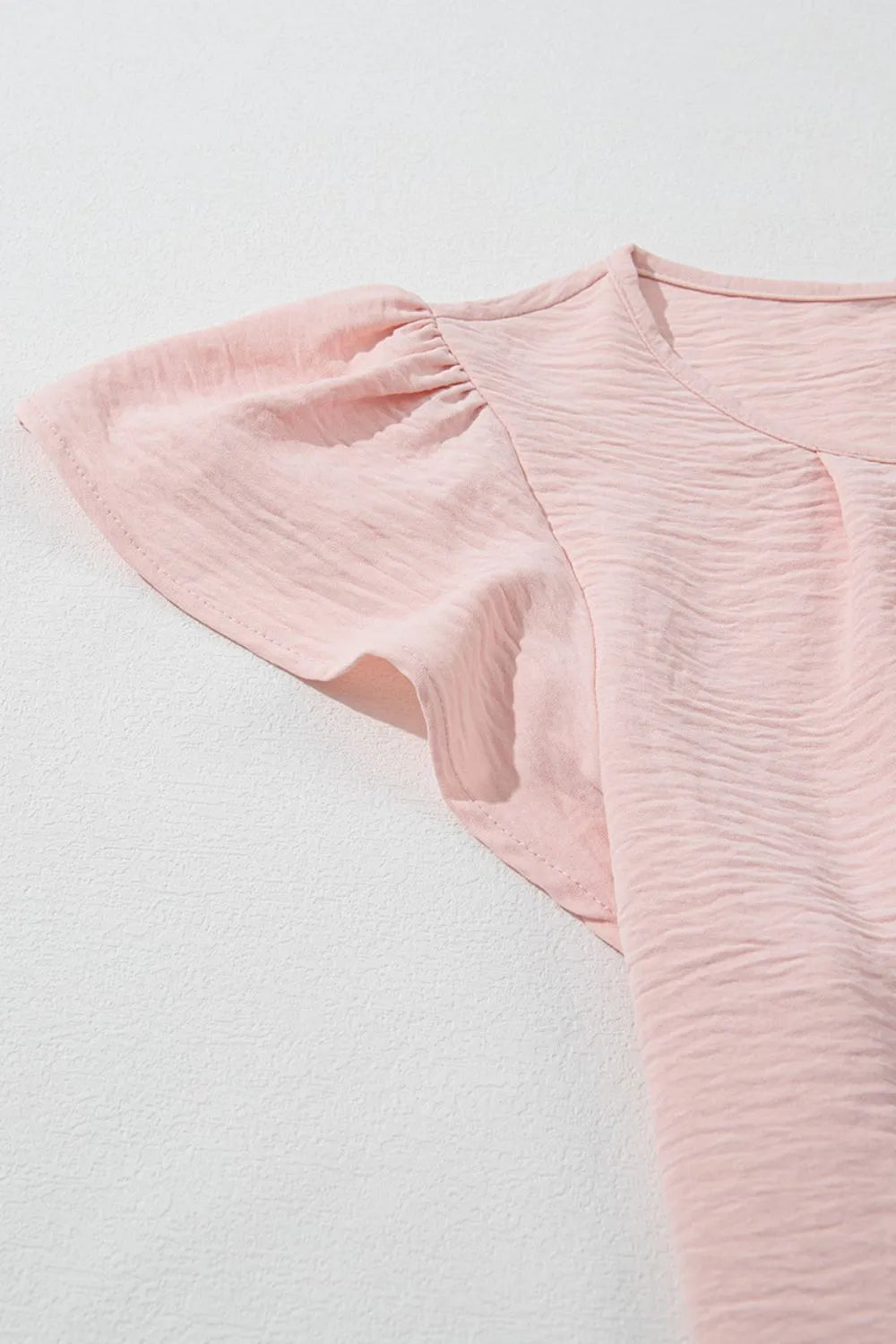 Solid Color Flounce Sleeve Pleated Round Neck Blouse