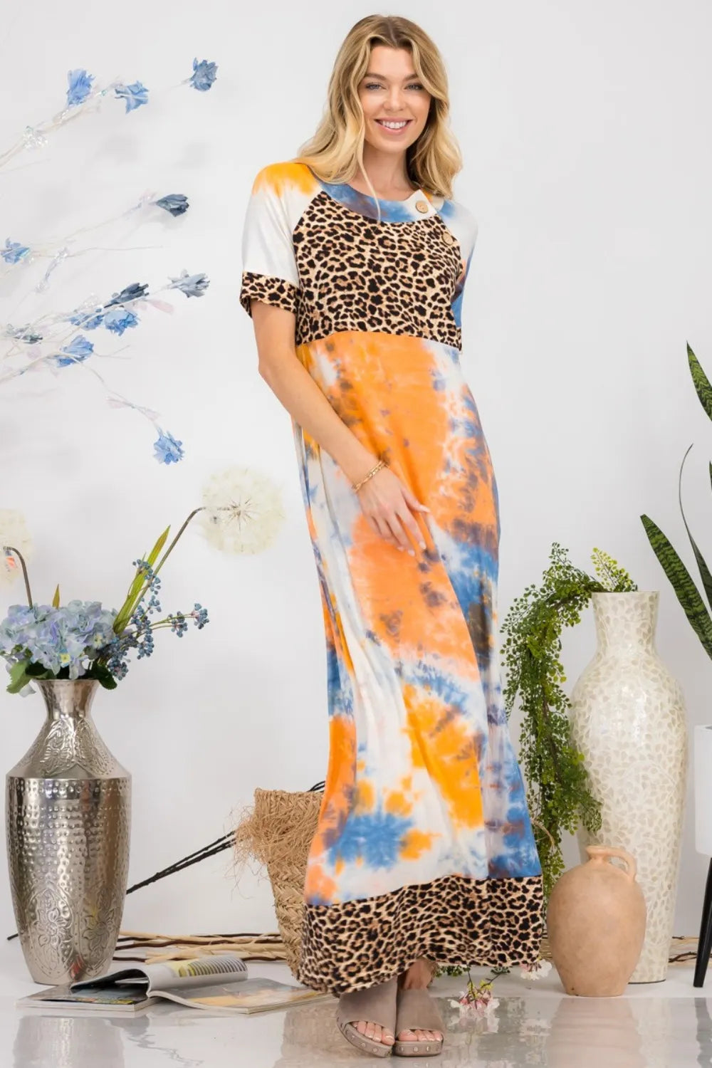 Celeste Full Size Leopard Tie-Dye Button Detail Short Sleeve Maxi Dress Plus Size