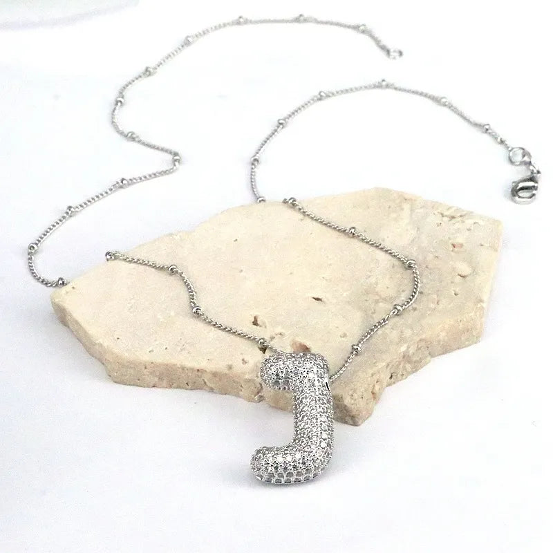 Copper Inlaid Zircon Letter Pendant Necklace Style J One Size