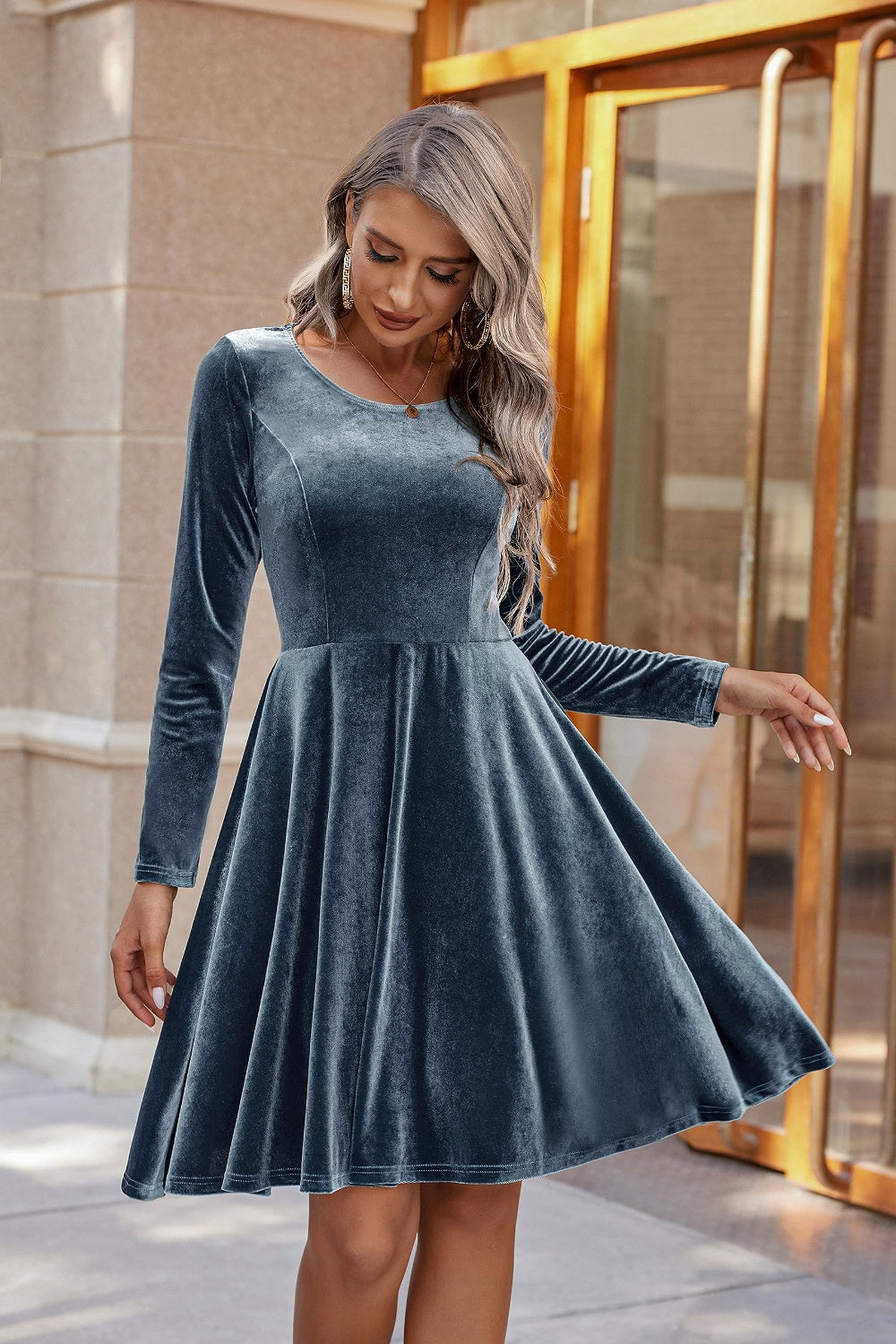 Round Neck Long Sleeve Knee Length Dress Air Force Blue
