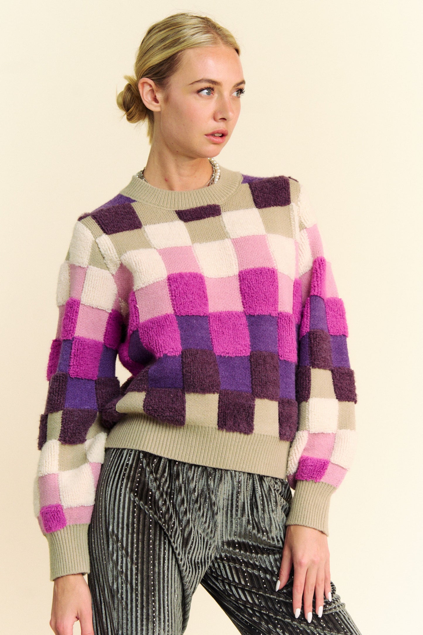 Davi & Dani Checkered Round Neck Long Sleeve Sweater Purple Multi