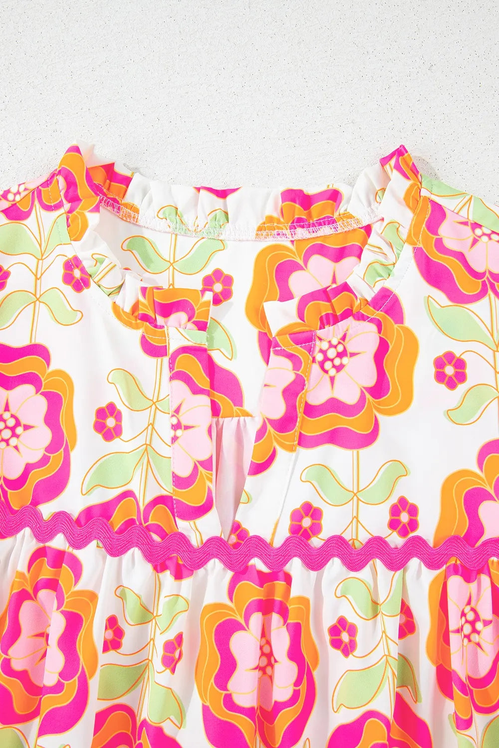 Floral Ruffled Sleeve Ric-Rac Trim Split Neck Loose Blouse