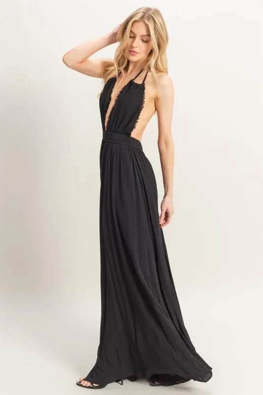 HYFVE Halter Neck Fitted Waist Flowy Maxi Dress