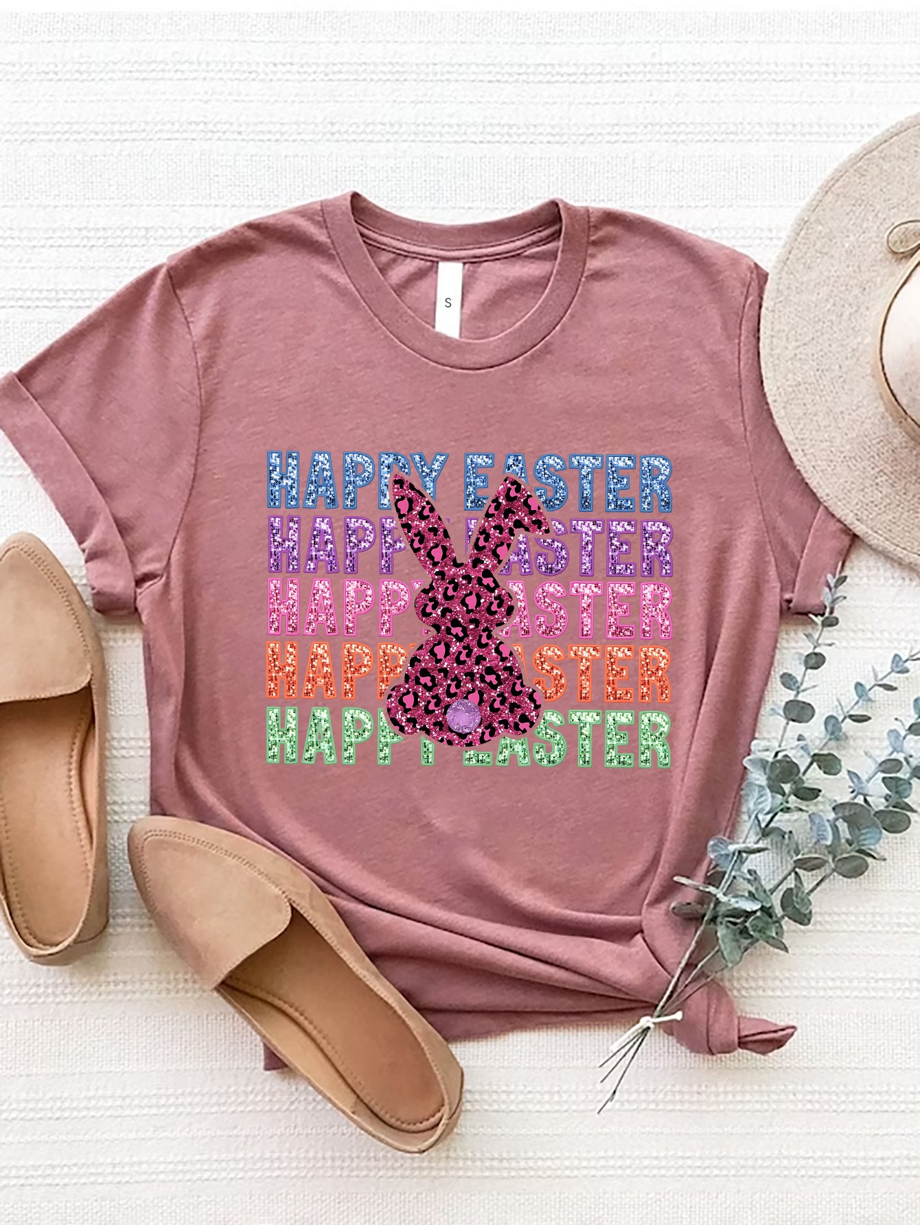 HAPPY EASTER Round Neck Short Sleeve T-Shirt Dusty Pink