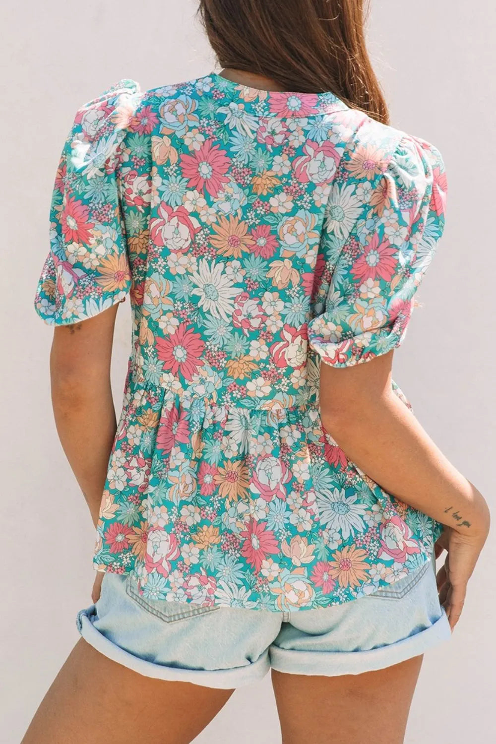 Multicolour Notched Neck Puff Short Sleeve Floral Blouse