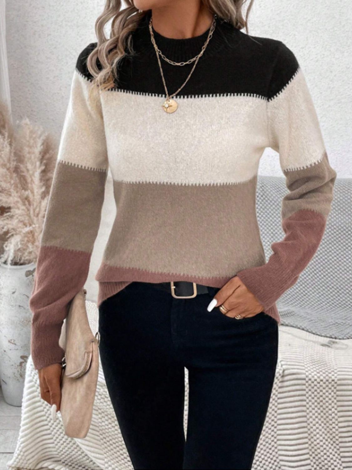 Color Block Mock Neck Long Sleeve Sweater Mocha