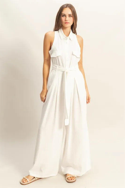 HYFVE Sleeveless Tie Waist Wide Leg Jumpsuit White