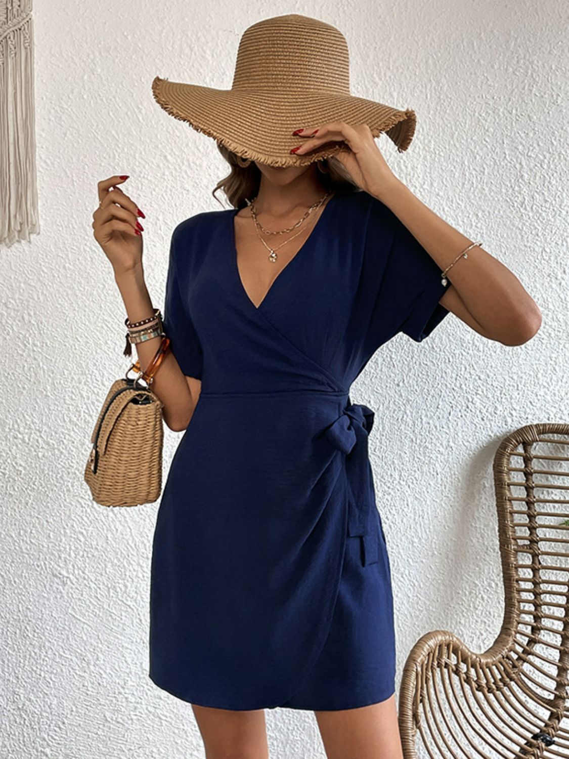 Perfee Tied Cuffed Sleeve Surplice Dress