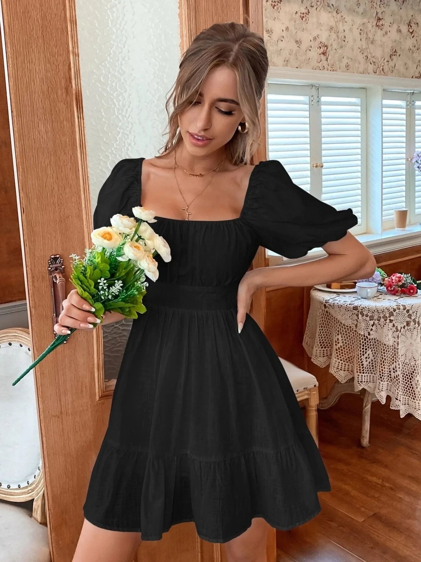 Square Neck Puff Sleeve Mini Dress Black