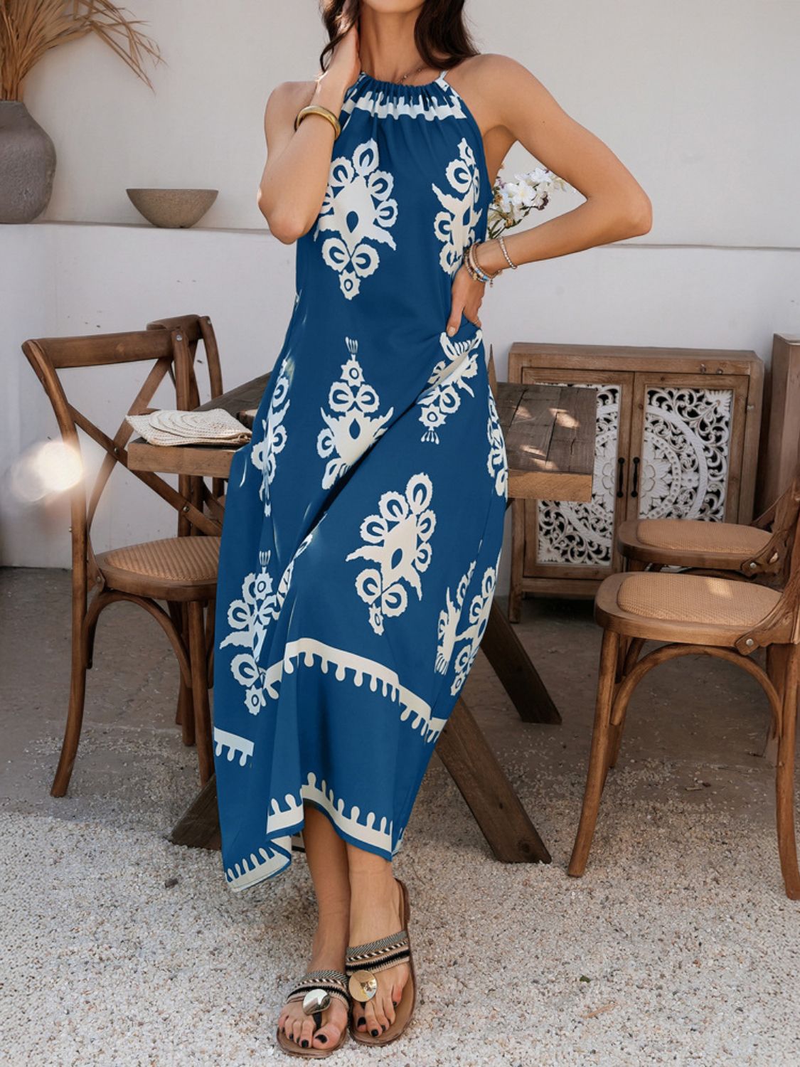 Devine Grecian Neck Printed Maxi Dress
