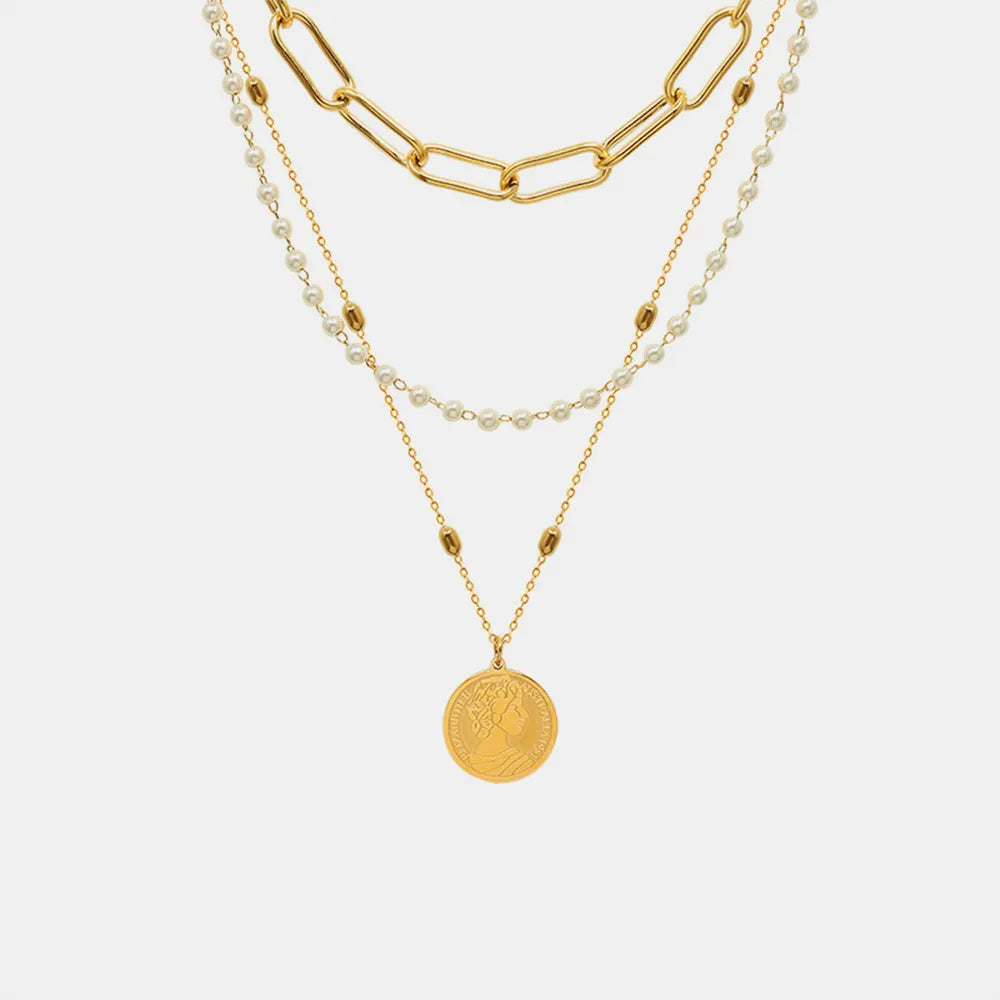 Synthetic Pearl Titanium Steel Three-Layered Necklace Gold One Size
