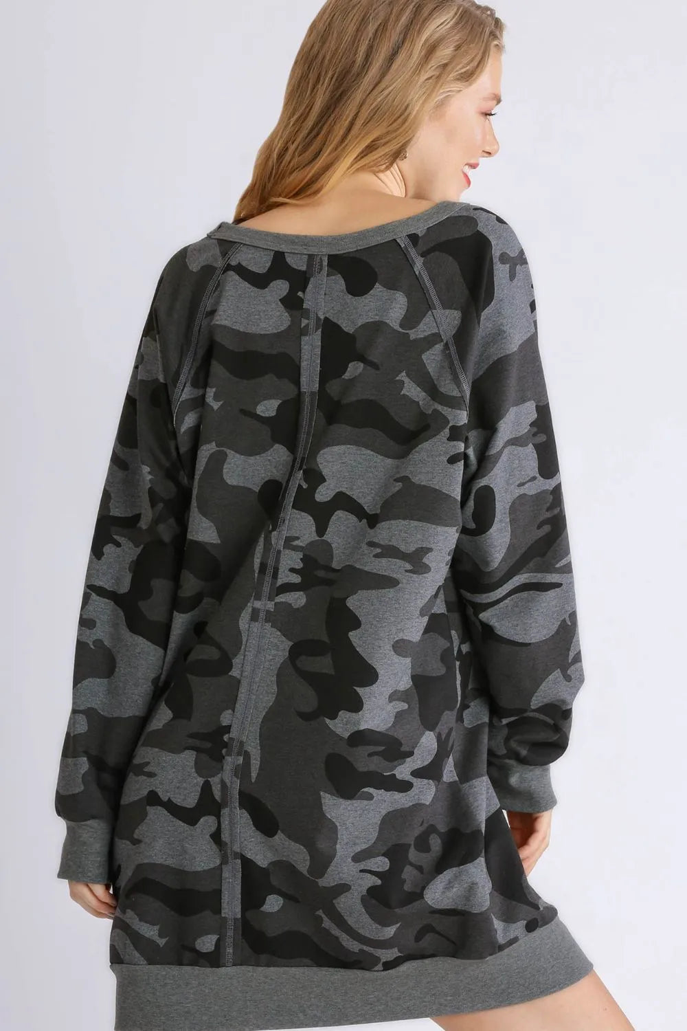 Umgee Full Size Camo Print Ribbed Hem French Terry Mini Dress Plus Size