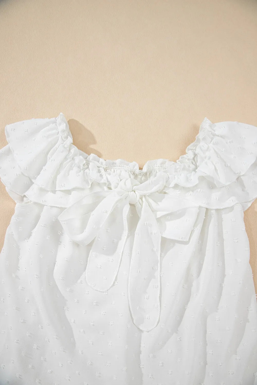 Off Shoulder Ruffle Knotted Detail Swiss Dot Blouse
