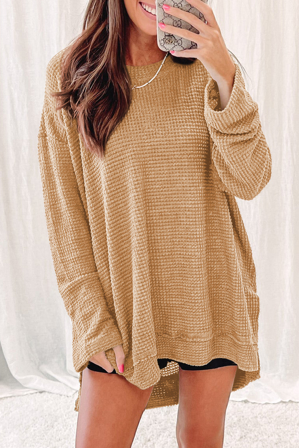 Waffle-Knit Round Neck Long Sleeve Sweatshirt Tan
