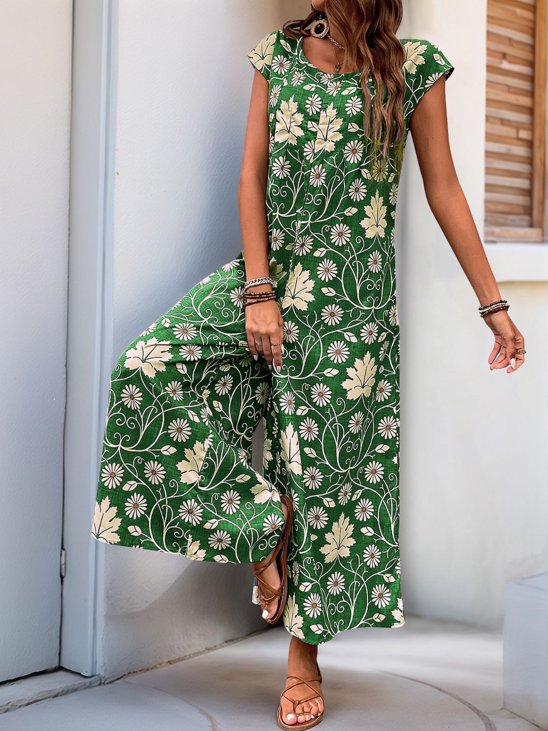 Perfee Printed Round Neck Cap Sleeve Wide Leg Jumpsuit Dark Green