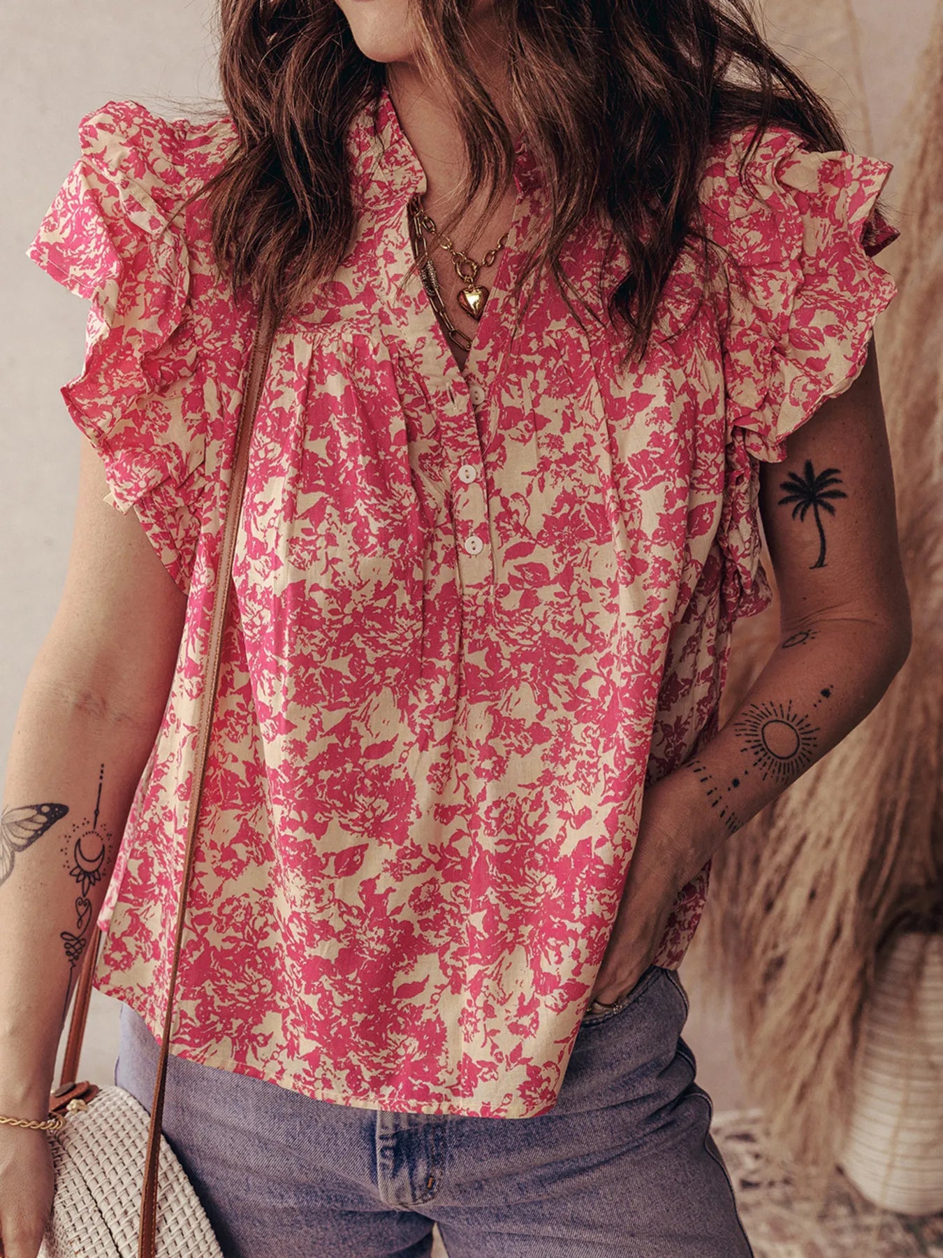 Printed Half Button Neck Ruffle Sleeve Blouse Burnt Coral