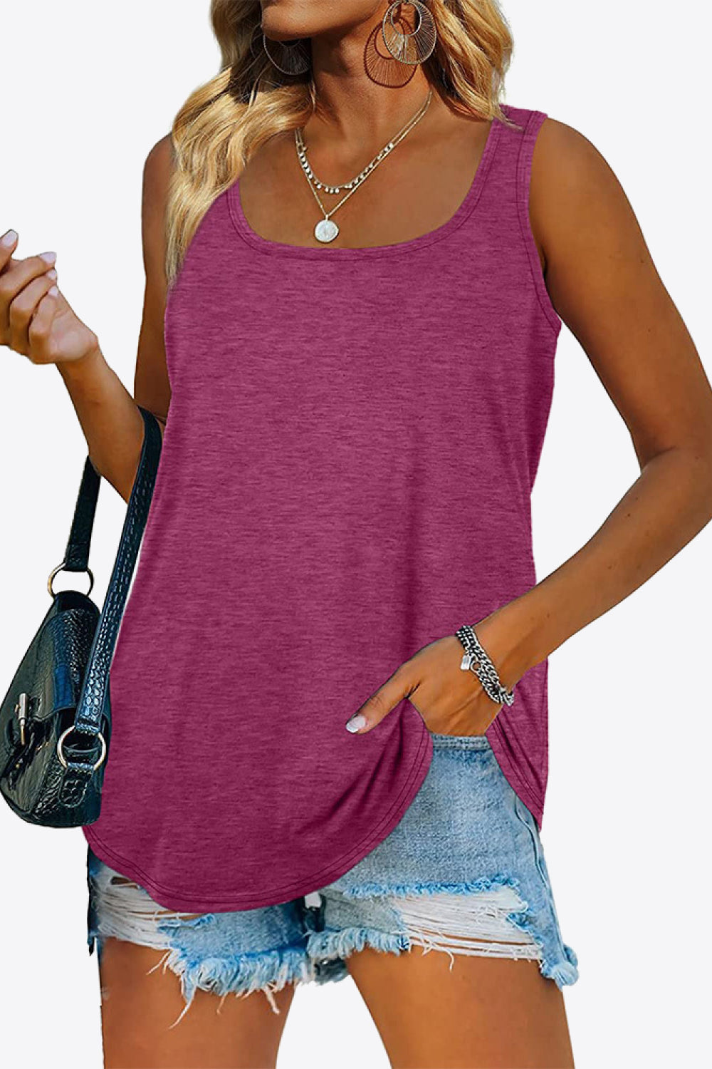 Curved Hem Square Neck Tank Fuchsia