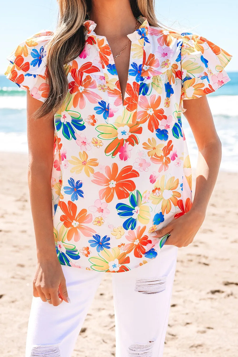 Ruffled Printed Notched Cap Sleeve Blouse Floral