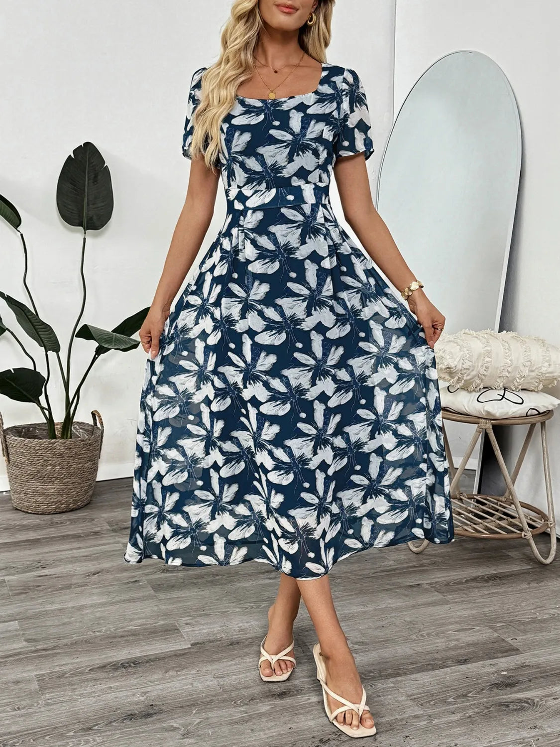 Printed Square Neck Midi Dress Dusty Blue